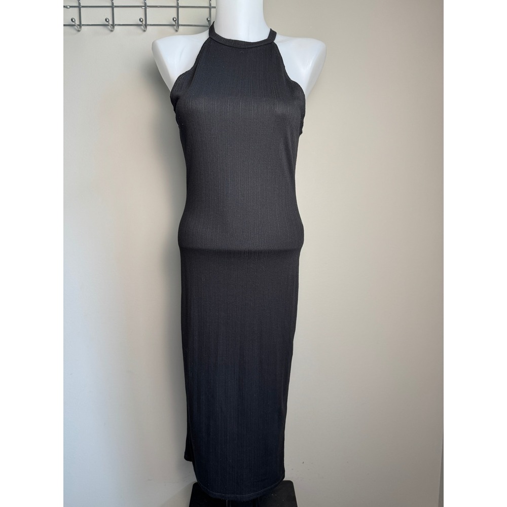 Forever 21 Black Ribbed Halter Midi Dress Medium Minimalist Chic 90s Style Sleek